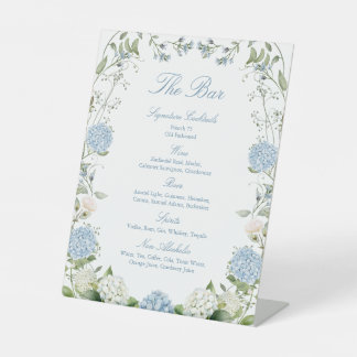 Dusty Blue Hydrangea Wedding Reception Bar Pedestal Sign