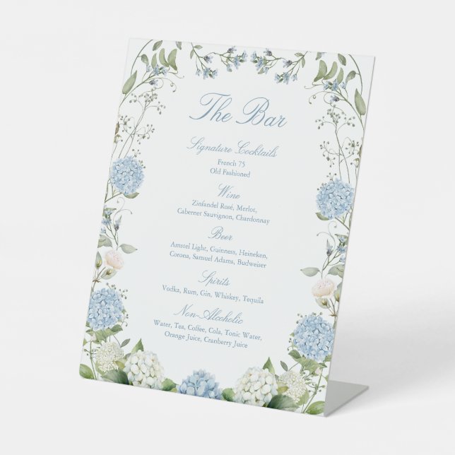 Dusty Blue Hydrangea Wedding Reception Bar Pedestal Sign (Front)
