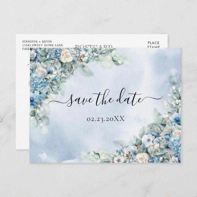 Dusty Blue Hydrangea White Roses Save the Date Postcard (Front/Back)