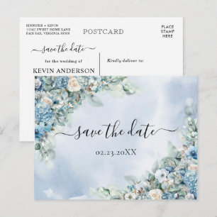 Dusty Blue Hydrangea White Roses Save the Date Postcard