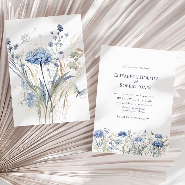Dusty Blue Hydrangea Wildflower Meadow Wedding Invitation (French Blue Watercolor Garden Wildflowers Wedding Invitation on a dry palm leaf.)