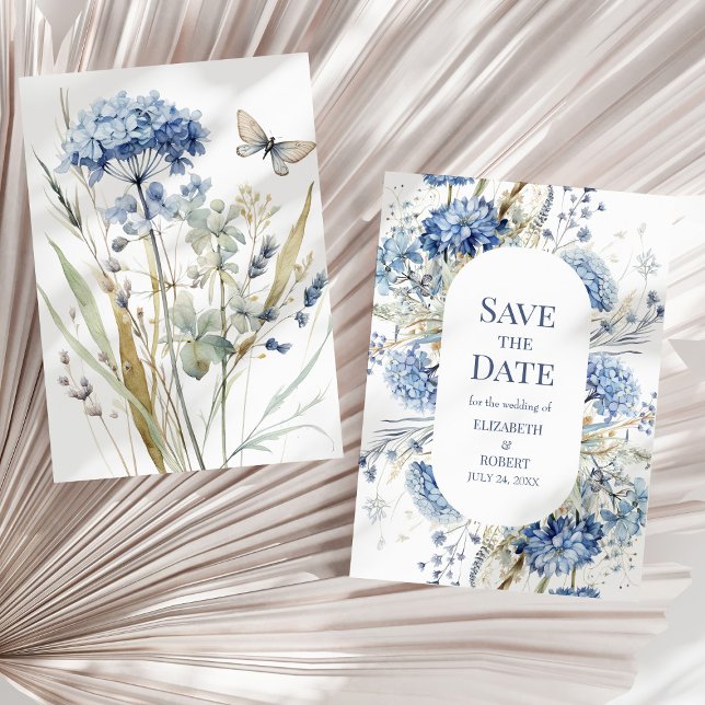 Dusty Blue Hydrangea Wildflower Save the Date Card (French Blue Garden Wildflowers Save The Dates Invitation on a neutral sunny dry palm leaf.)