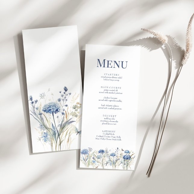 Dusty Blue Hydrangea Wildflower Wedding Menu (French Blue Wildflower Meadow Wedding Menu Card on a sunny white table.)