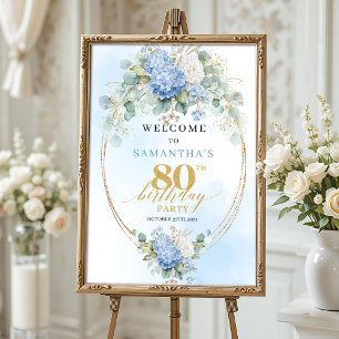 Dusty Blue Hydrangeas Boho Gold 80th birthday  Poster