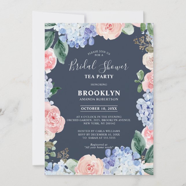 Dusty blue hydrangeas Bridal Shower Tea Party Invi Invitation (Front)