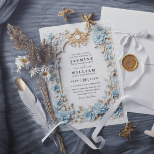 Dusty Blue Hydrangeas Embossed Elegant Wedding Invitation