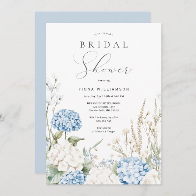 Dusty Blue Hydrangeas Floral Bridal Shower Invitation (Front/Back)