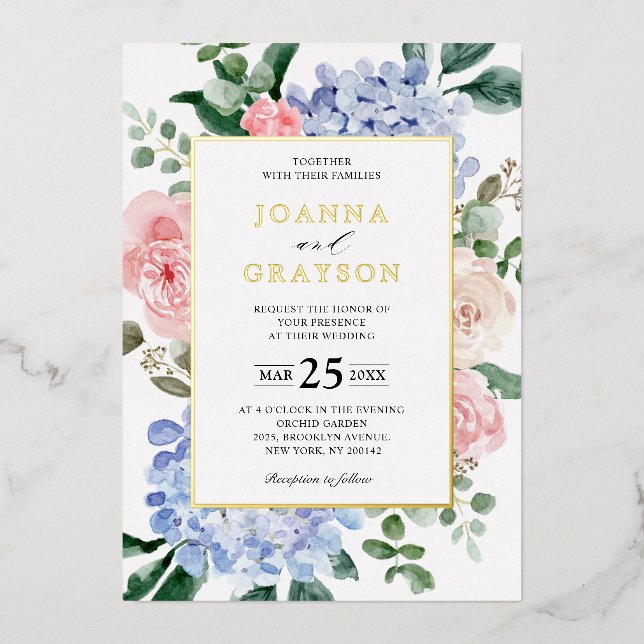 Dusty blue hydrangeas pastel pink roses wedding (Front)