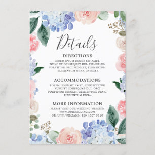 Dusty blue hydrangeas pastel pink roses wedding enclosure card