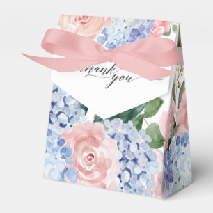 Dusty blue hydrangeas pastel pink roses wedding favor box