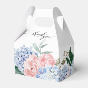 Dusty blue hydrangeas pastel pink roses wedding favor box