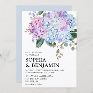 Dusty blue hydrangeas pastel pink roses wedding invitation