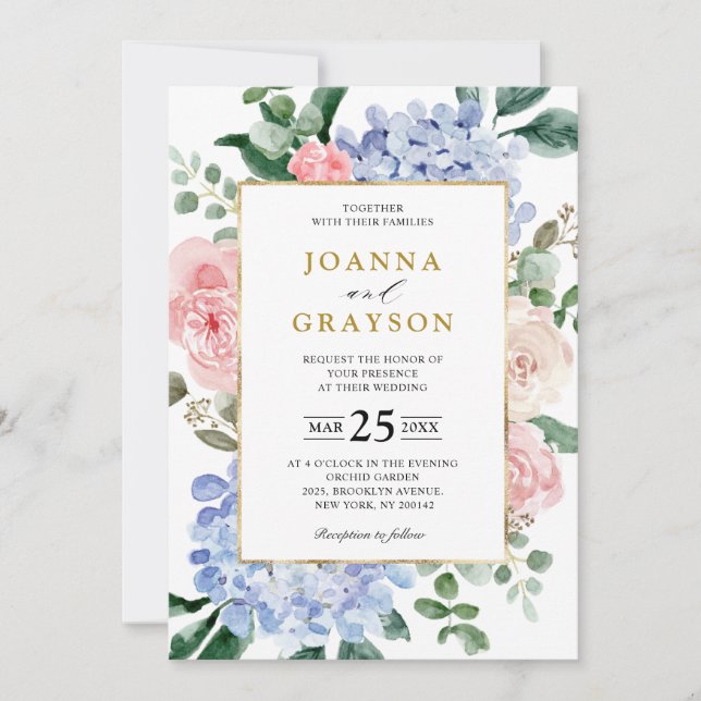 Dusty blue hydrangeas pastel pink roses wedding invitation (Front)
