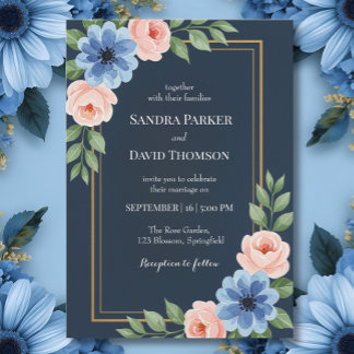 Dusty blue hydrangeas pastel pink roses wedding invitation
