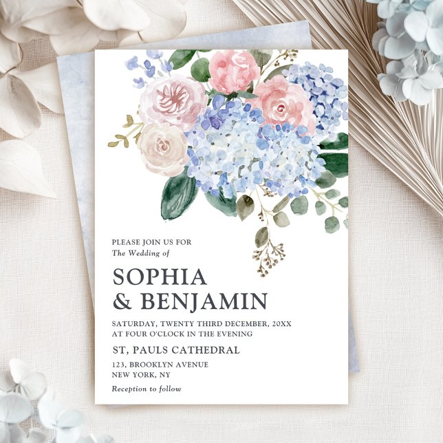 Dusty blue hydrangeas pastel pink roses wedding invitation (Dusty blue pastel pink hydrangea floral wedding invitation)