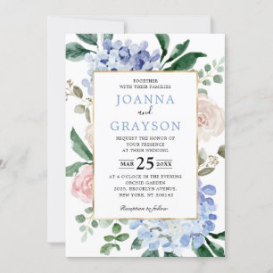 Dusty blue hydrangeas pastel pink roses wedding invitation
