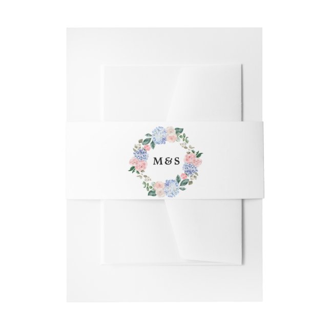 Dusty blue hydrangeas pastel pink roses wedding invitation belly band (Front Example)