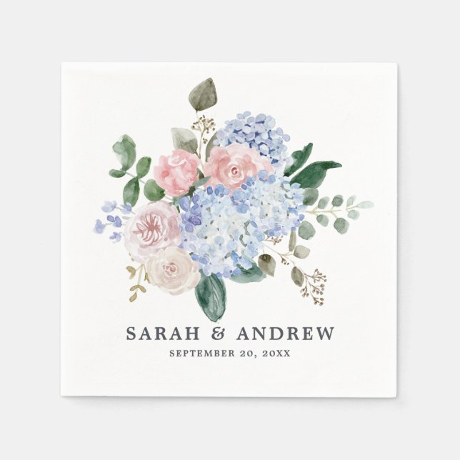 Dusty blue hydrangeas pastel pink roses wedding napkin (Front)