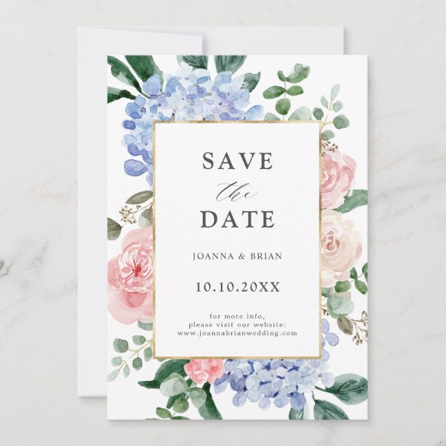 Dusty blue hydrangeas pastel pink roses wedding save the date (Front)