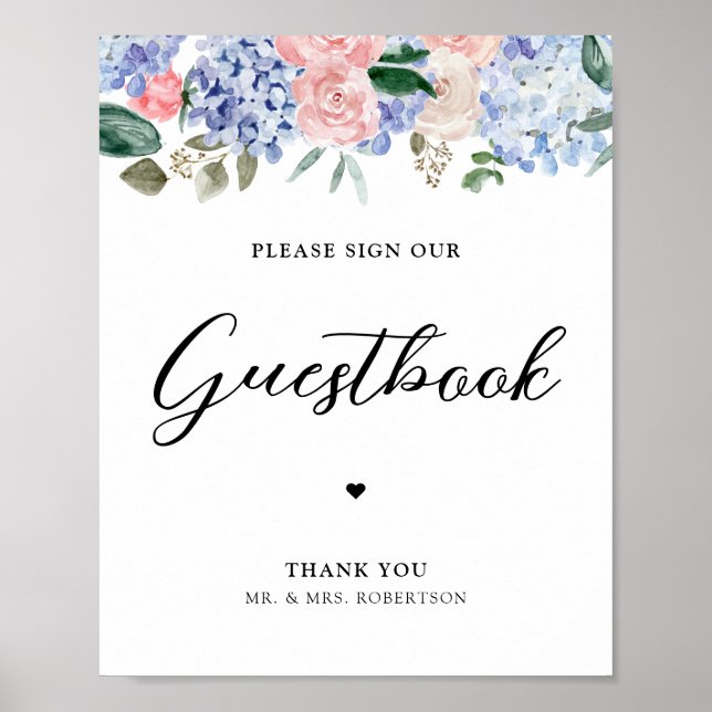 Dusty blue hydrangeas pink please sign guestbook (Front)
