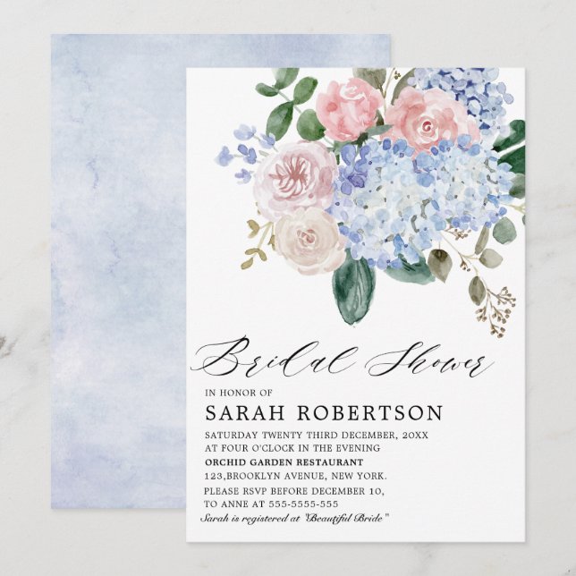 Dusty blue hydrangeas pink roses Bridal Shower Invitation (Front/Back)