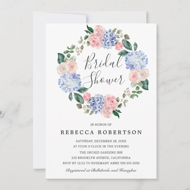 Dusty blue hydrangeas pink roses Bridal Shower Invitation (Front)