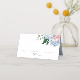 Dusty blue hydrangeas pink roses place card