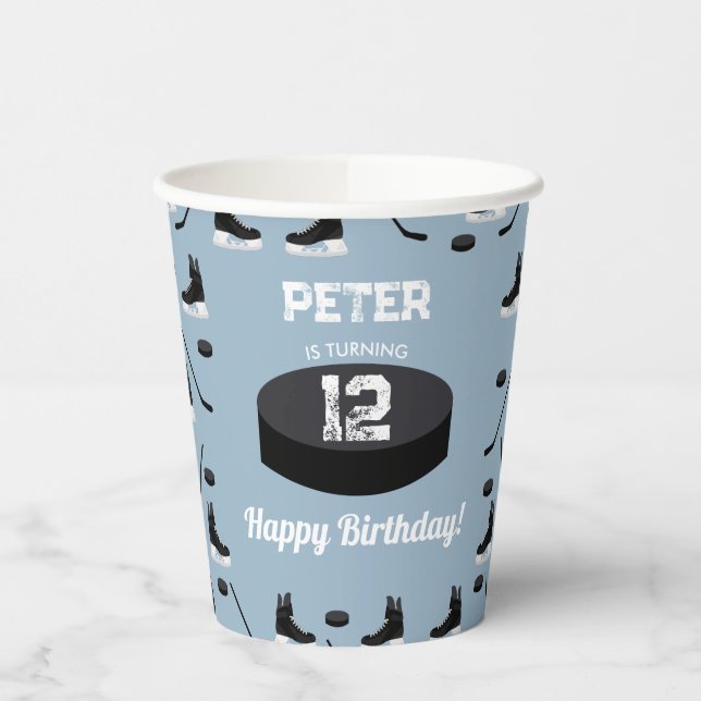 Dusty Blue Ice Hockey Stick, Skates Puck Birthday Paper Cups (Left)