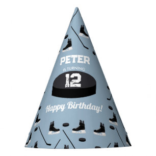 Dusty Blue Ice Hockey Stick, Skates Puck Birthday Party Hat