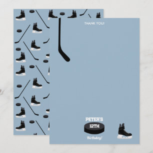 Dusty Blue Ice Hockey Stick, Skates Puck Birthday Thank You Card