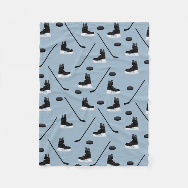 Dusty Blue Ice Hockey Stick, Skates & Puck Pattern Fleece Blanket (Front)