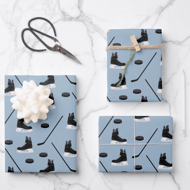 Dusty Blue Ice Hockey Stick, Skates & Puck Pattern Wrapping Paper Sheet (Front)