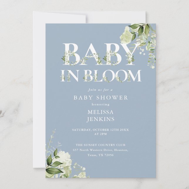 Dusty Blue In Bloom Greenery QR Code Baby Shower Invitation (Front)