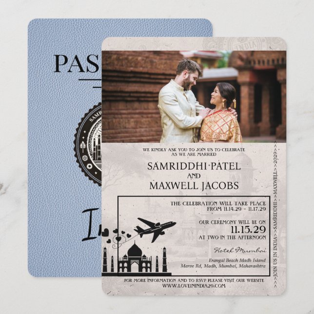Dusty Blue India Passport Wedding Invitation (Front/Back)