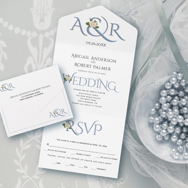 Dusty blue initials and ampersand, rose wedding all in one invitation (Creator Uploaded)