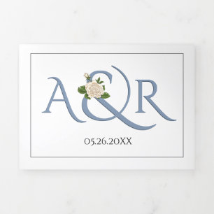 Dusty blue initials and ampersand, rose wedding Tri-Fold invitation