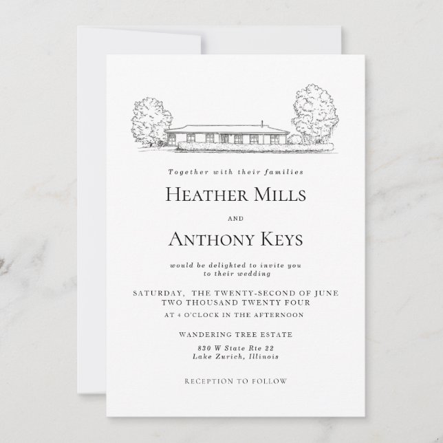 Dusty Blue Invitation avec croquis du lieu (Devant)