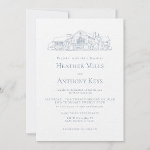 Dusty Blue  Invitation with Sketch of the Venue