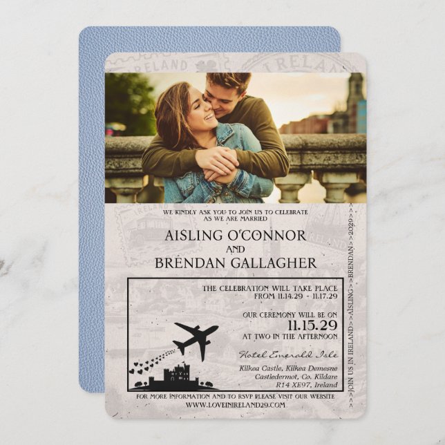 Dusty Blue Ireland Passport Wedding Invitation (Front/Back)