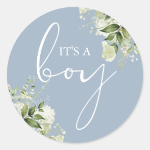 Dusty Blue Its A Boy Greenery Baby Shower Favour Classic Round Sticker