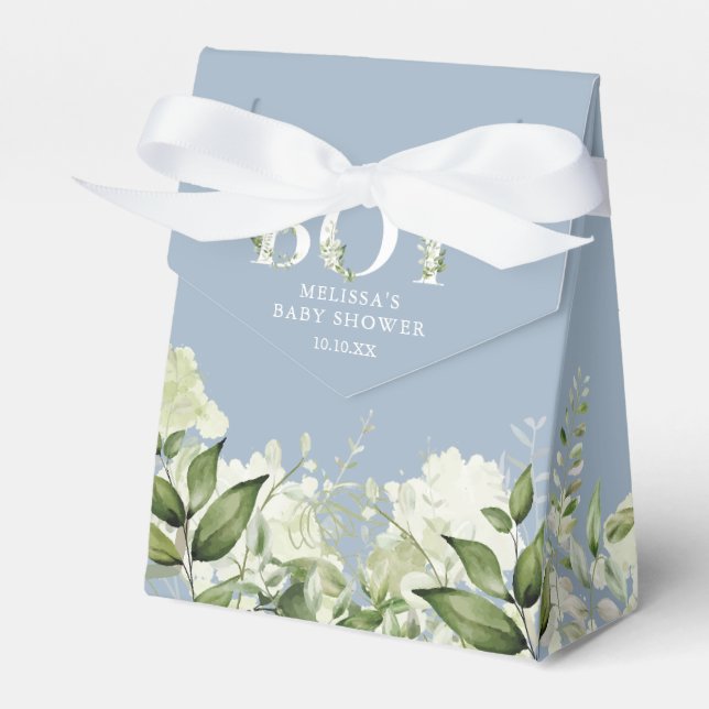 Dusty Blue Its A Boy Greenery Foliage Baby Shower Favor Box (Front Side)