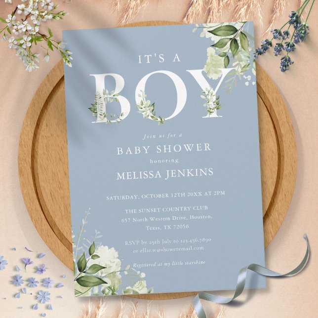 Dusty Blue Its A Boy Greenery Letter Baby Shower Invitation (Dusty Blue Its A Boy Greenery Letter Baby Shower Invitation)
