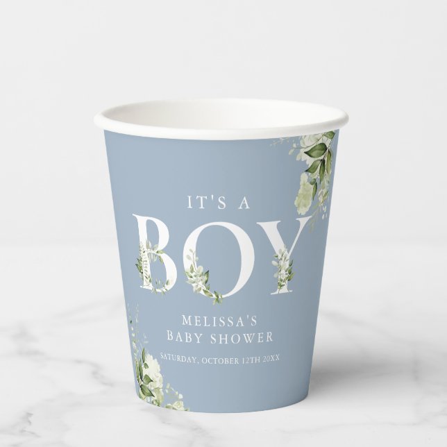 Dusty Blue Its A Boy Greenery Letter Baby Shower Paper Cups (Front)