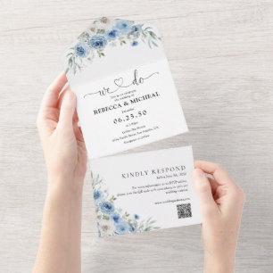 Dusty Blue Ivory All in One Wedding Invitation