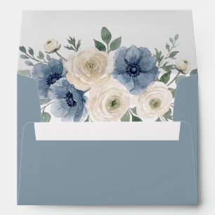 Dusty Blue Ivory Blush Floral Modern Wedding Envelope