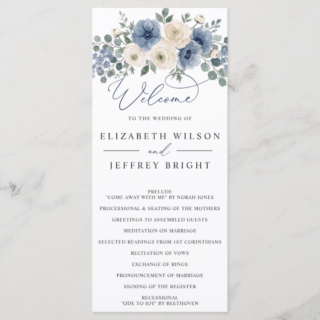 Dusty Blue Ivory Blush Floral Modern Wedding Program (Front)