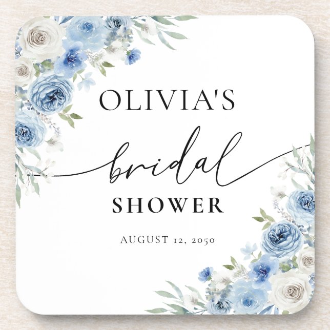 Dusty Blue Ivory Bridal Shower beverage coaster (Front)