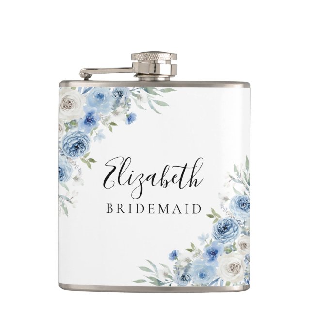 Dusty Blue Ivory Bridal Shower Flask (Front)