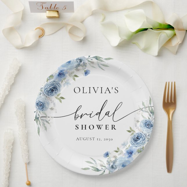 Dusty Blue Ivory Bridal Shower  Paper Plate (Wedding)