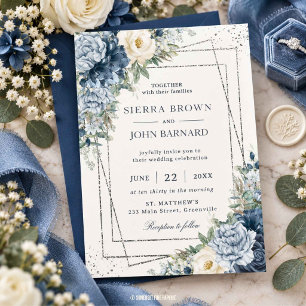Dusty Blue Ivory Cream Floral Silver Geometric Invitation